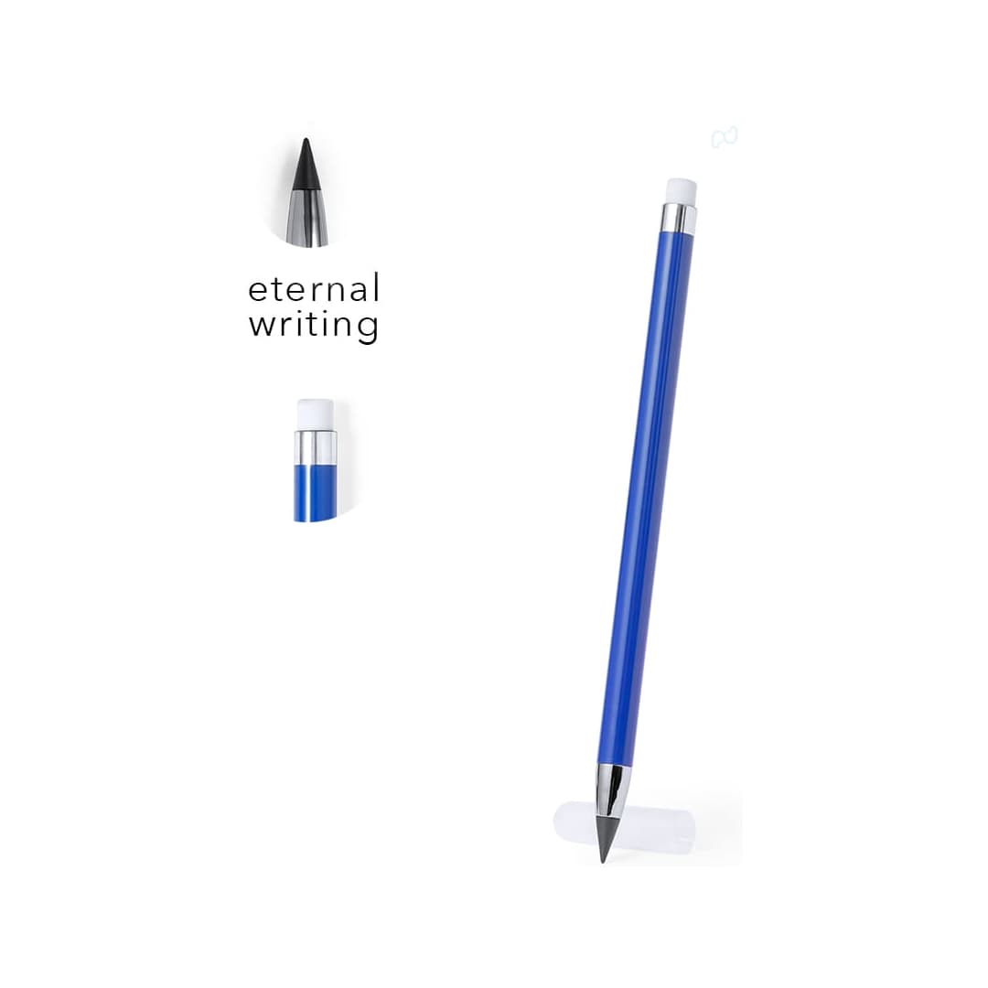 A blue grey-lead pencil with a silver tip and an eraser on the end, featuring a logo. Astril Eternal Pencil - Image 1