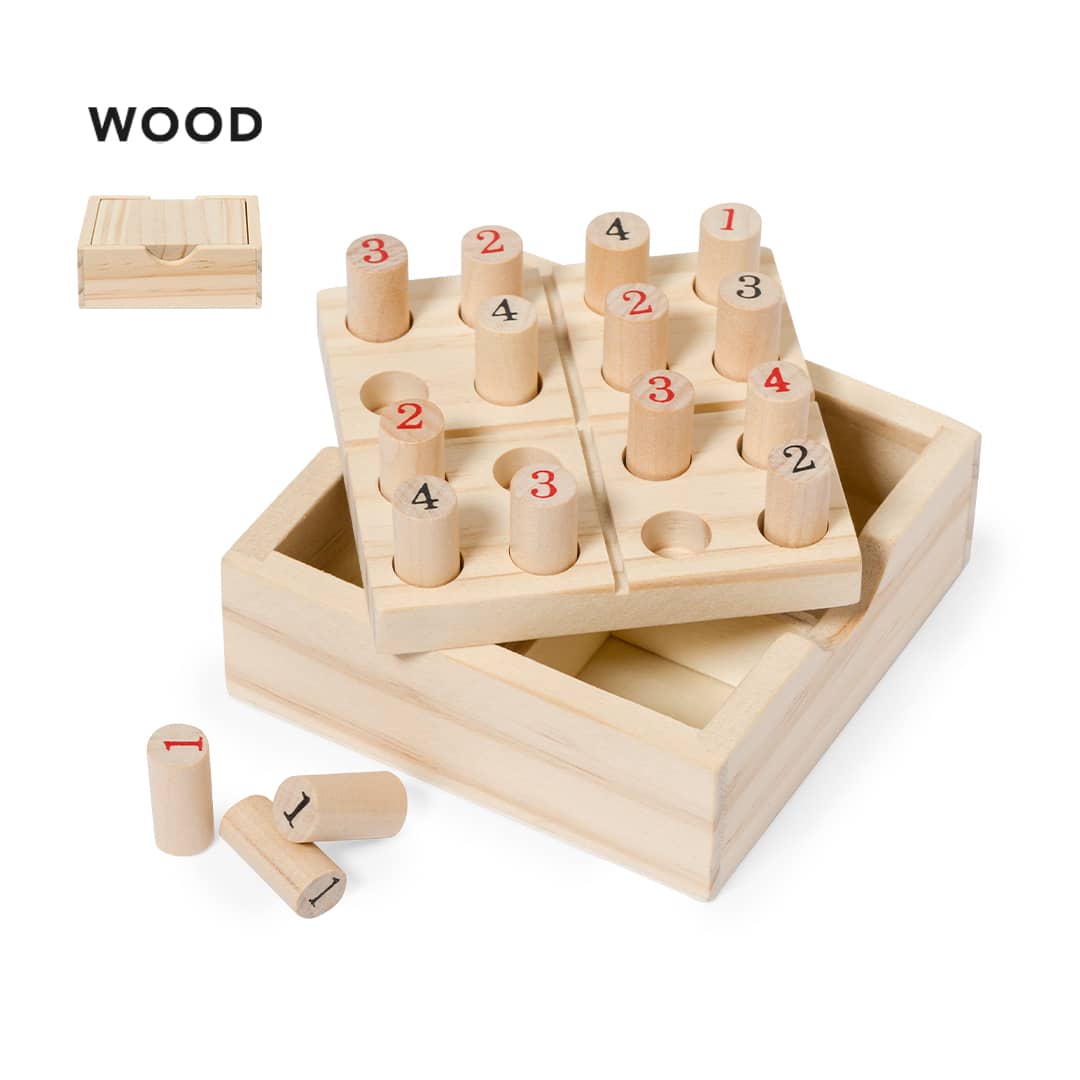 A wooden Sudoku skill game with numbered pegs, featuring a base tray and a storage box, all in a natural wood finish. Crested Skill Game - Image 1