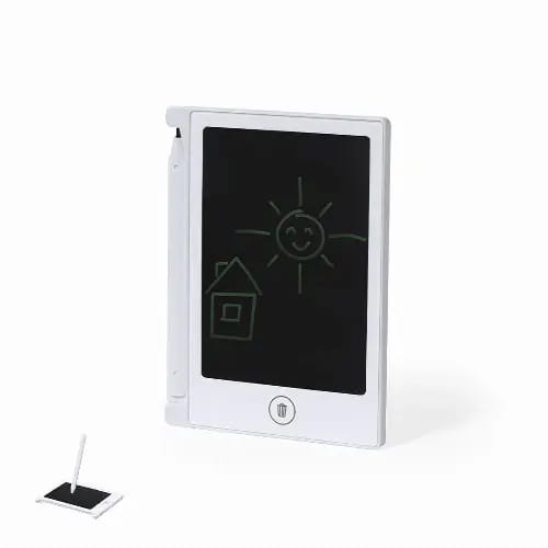 A drawing tablet with a black screen, a white frame, and a stylus, displaying a sun and a house sketch. Arraky - Image 1
