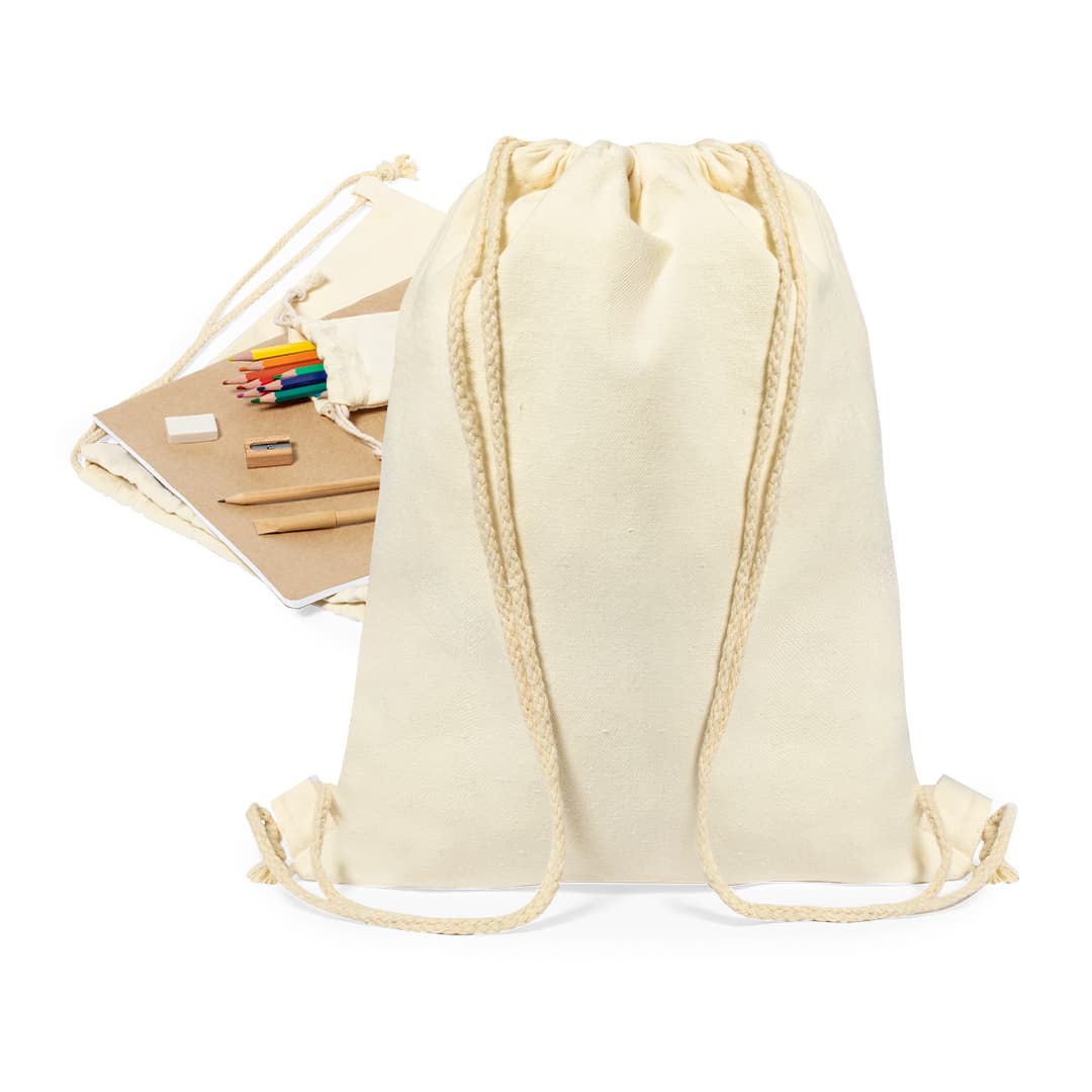 A cream drawstring bag contains coloured pencils, a notebook, an eraser, and a wooden pencil. Cindris Set - Image 1