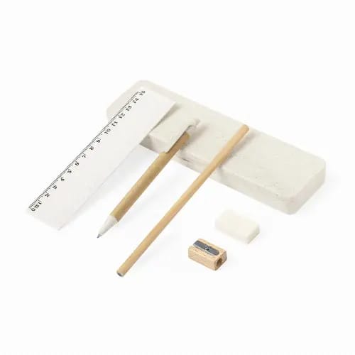 A stationery set featuring a ruler, pencil, eraser, sharpener, and a block. Predominantly light grey with wooden elements. Elyndor - Image 1