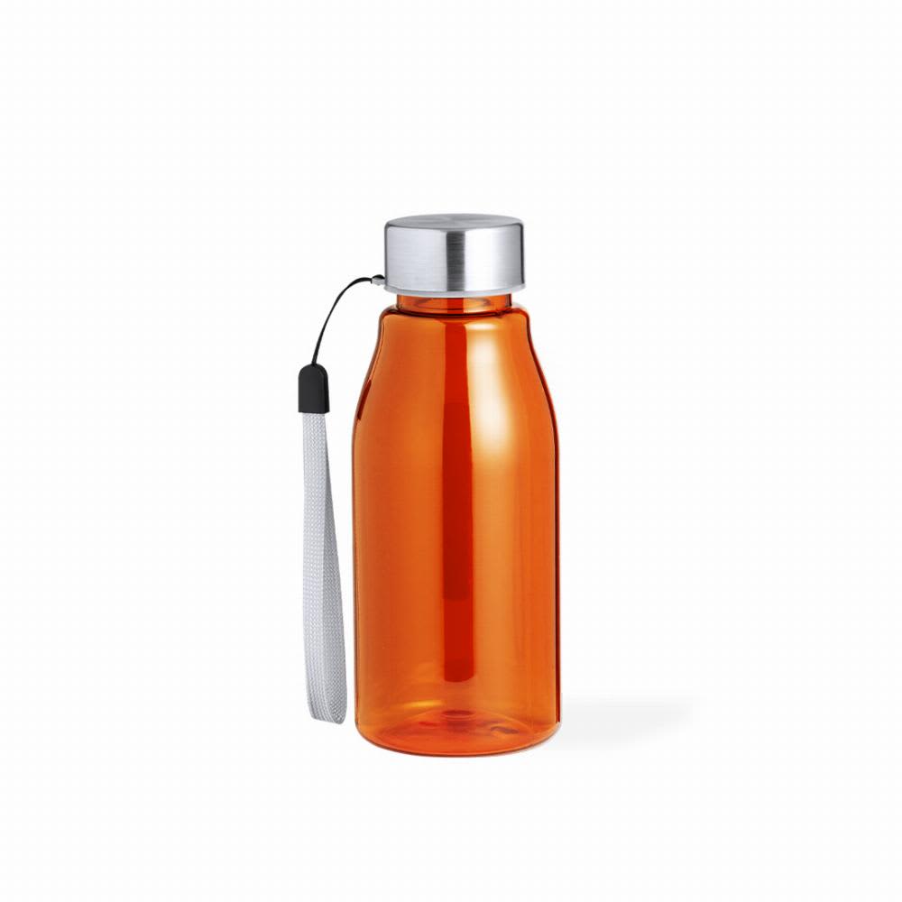 An orange drink bottle with a silver screw top and a grey strap. It features a logo on the body. Dokmo - Image 1
