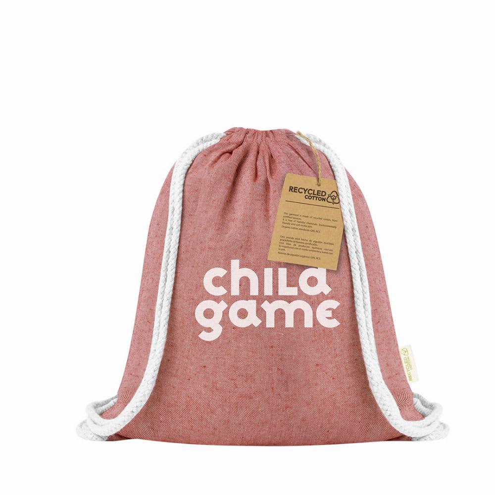 A drawstring bag made of recycled cotton in a pinkish colour, featuring a logo and white rope straps. Ashara - Image 1