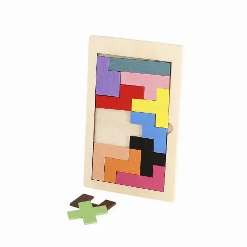 A wooden puzzle featuring various coloured geometric pieces, with a framed base and two pieces separate from the puzzle. Brodix - Image 1