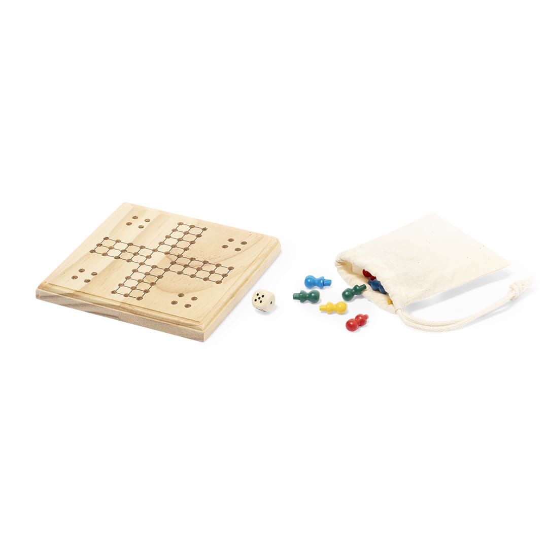 A wooden Thumper game board with dice and colourful game pieces in a fabric pouch. Thumper Game - Image 1
