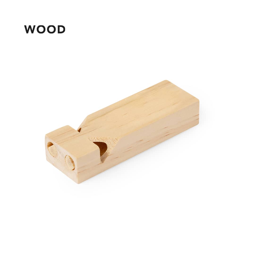 A wooden whistle with two sound openings, featuring a smooth, natural finish. It has a simple, rectangular design. Snaider Whistle - Image 1