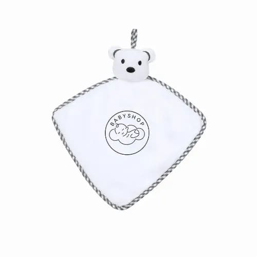 A white baby comforter with a bear head and a black logo at the centre, featuring grey trim and a hanging loop. Turam - Image 1