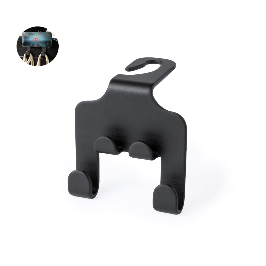 A black phone stand with a hook design for easy mounting. It features a logo on one side. Dazler Holder - Image 1