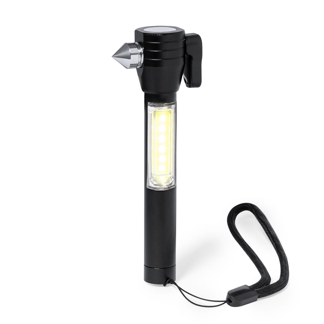 A black emergency hammer tool with a built-in light, featuring a pointed end and a wrist strap. Abus Emergency Hammer - Image 1