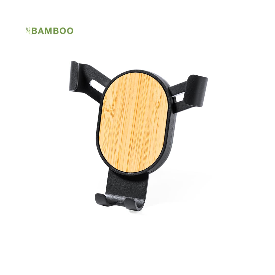 A black car phone holder with a bamboo oval centre and adjustable grips, featuring a logo. Cultard Holder - Image 1