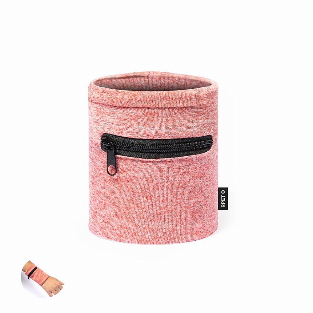 A pink drink bottle holder with a zippered pocket, featuring a soft texture and a branding label. Rolins - Image 1