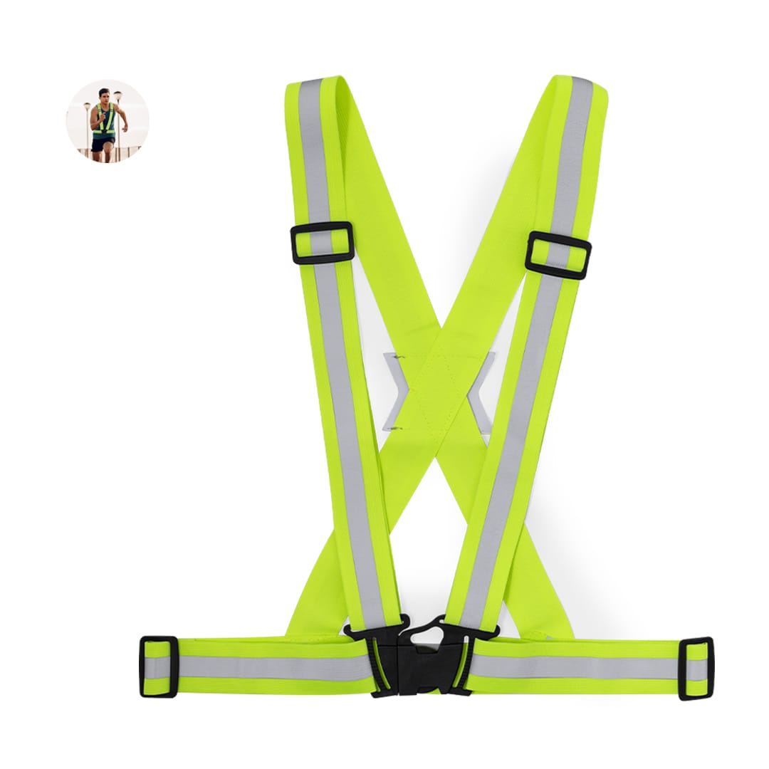 A bright yellow reflective vest with adjustable straps and reflective bands, featuring a logo. Elisian Reflective Vest - Image 1