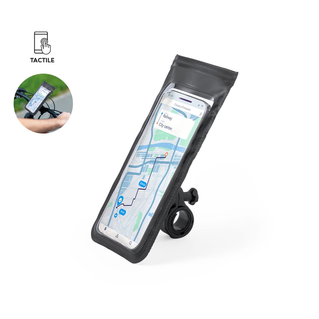 A black bike phone pouch displaying a smartphone with a map, featuring a mounting bracket for attachment. Nurbur Pouch - Image 1