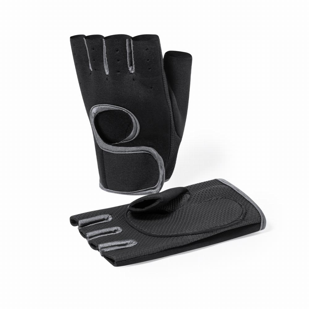 A pair of black workout gloves with grey accents, featuring an open-finger design for grip. Scot - Image 1
