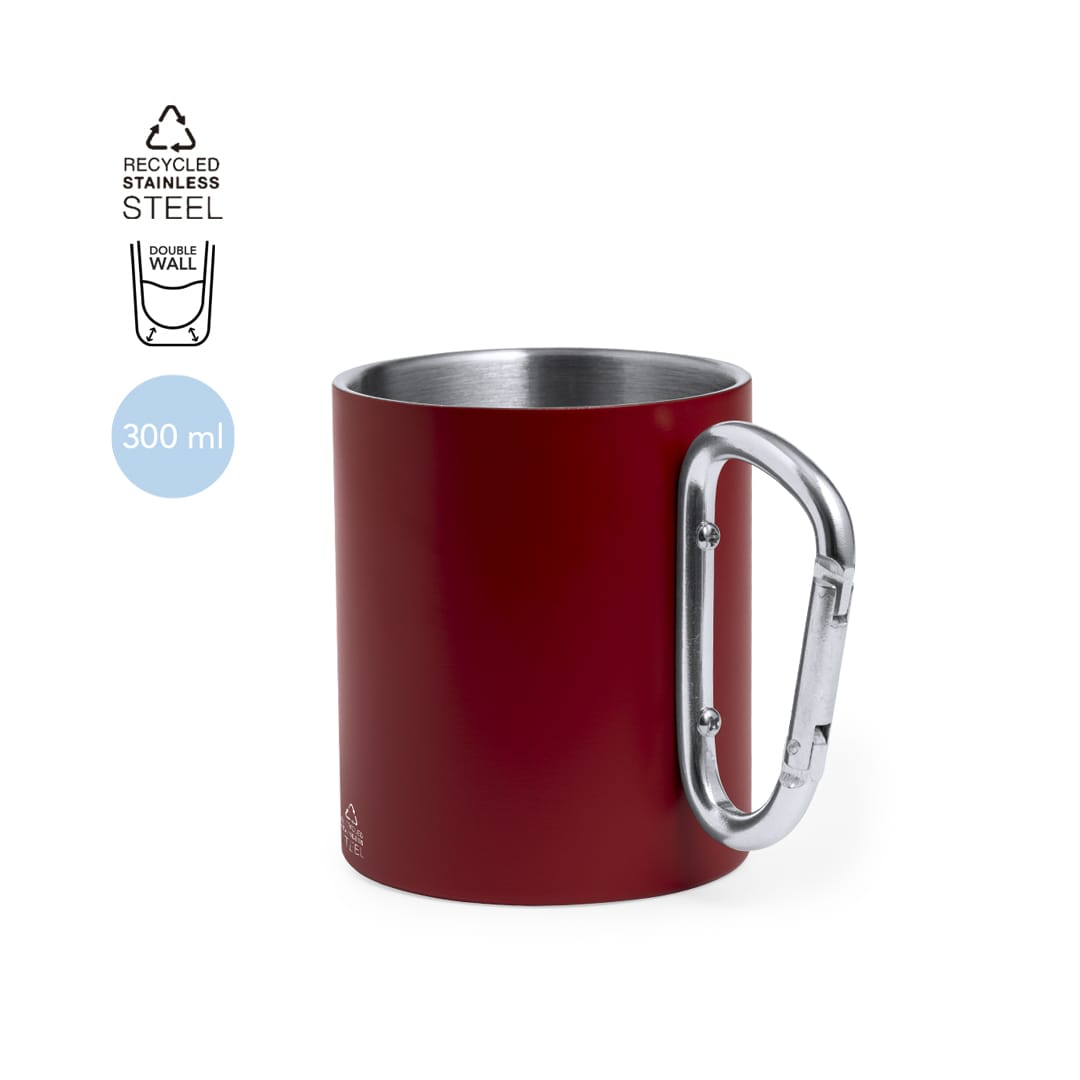 A red stainless steel mug with a carabiner handle, featuring a double wall design and a 300 ml capacity. Lecrer Mug - Image 1