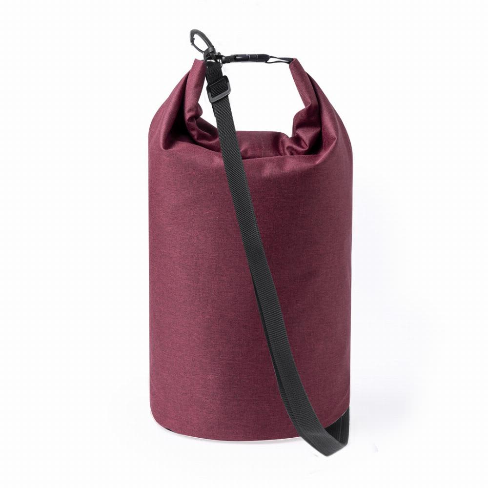A burgundy dry bag with a rolled top and adjustable shoulder strap, featuring a black base and a clip. Kasolin - Image 1