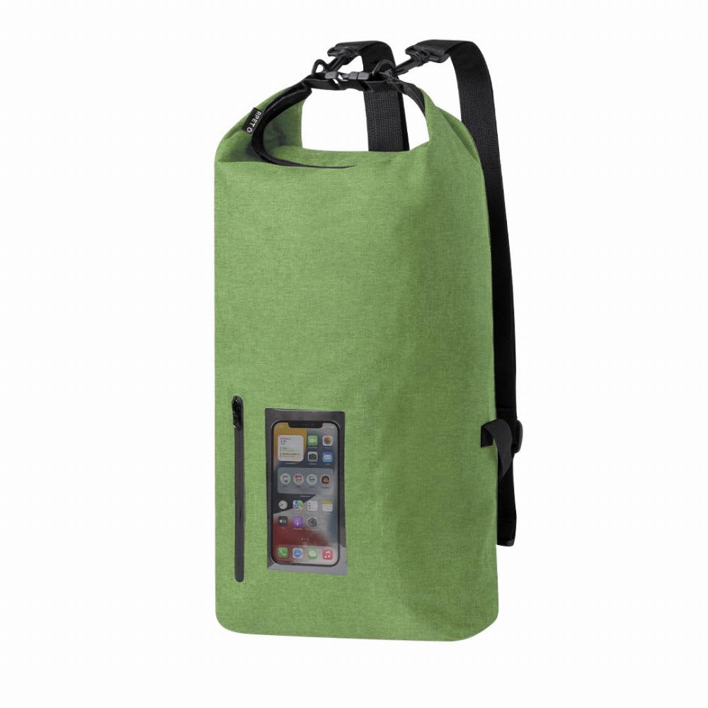 A green waterproof backpack with adjustable straps and a transparent pocket for a mobile device. Ardentix - Image 1