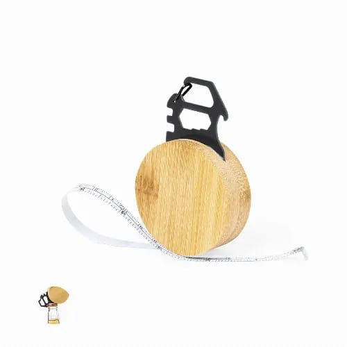 A measuring tape with a bamboo casing, featuring a black clip and a white measuring tape extending from it. Denwa 1m - Image 1