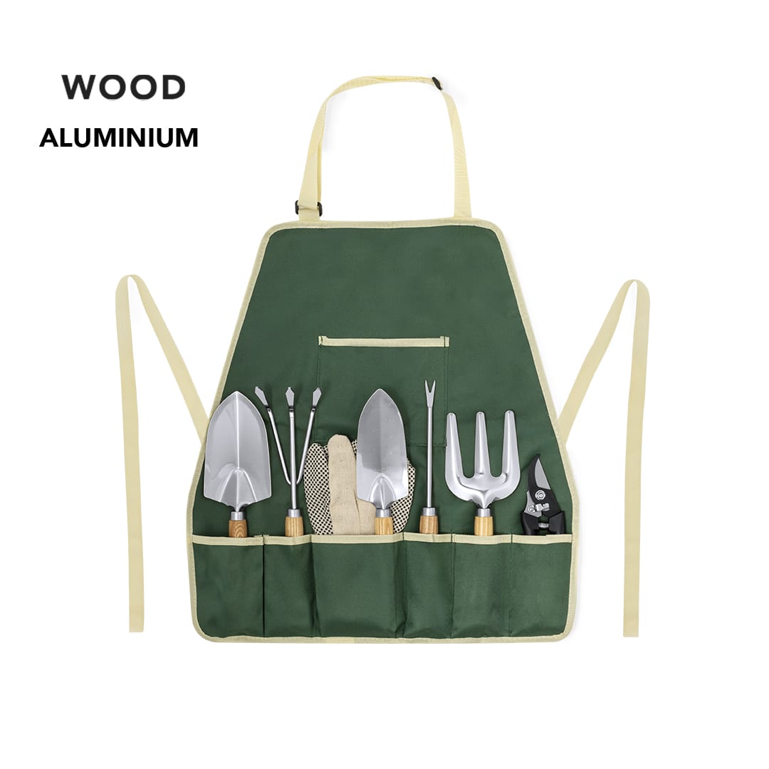 A green gardening apron with multiple pockets containing various aluminium and wooden gardening tools. Kuruma - Image 1