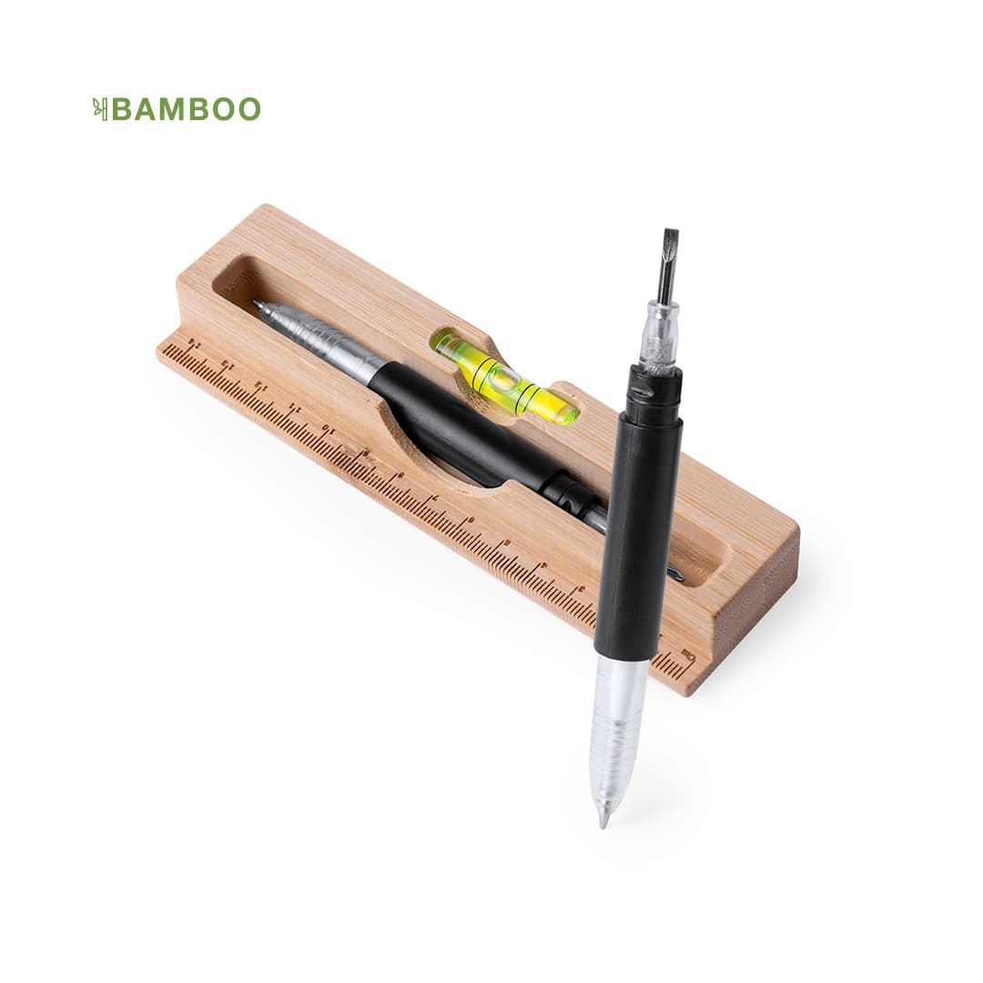 A bamboo pencil case with a ruler, a black pen, a silver pen, and a spirit level included. It has a branding logo. Margorix Multitool - Image 1