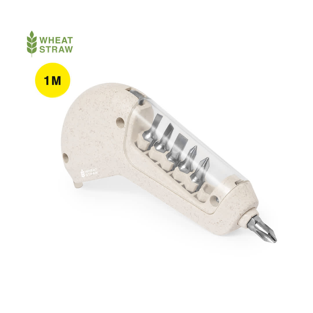 A drink bottle in a light beige colour with a transparent compartment housing various screw bits and a logo. Drankil 1m Multitool Tape Measure - Image 1