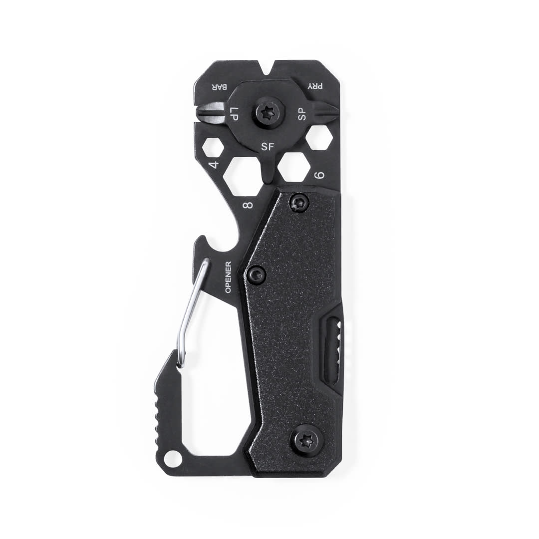A black multitool featuring various functionalities, a carabiner clip, and a branded logo. Valixia Multitool - Image 1