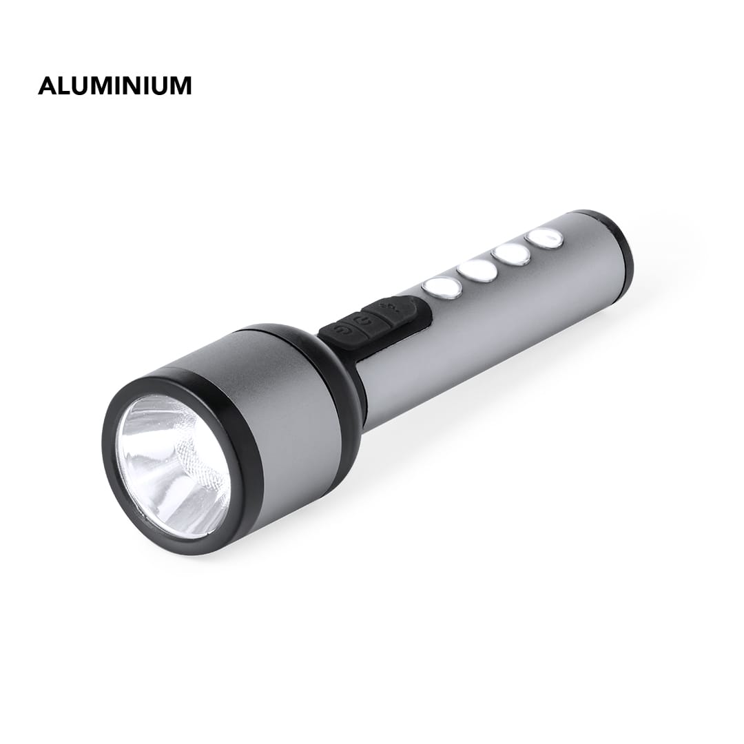 A flashlight with an aluminium body, featuring a large front lens and multiple control buttons. Eterial Torch - Image 1