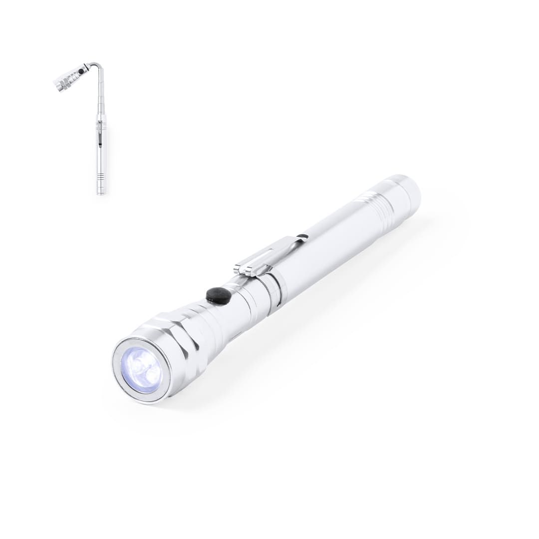 An extendable silver torch with a clip and a bright light at one end. It features a slim design. Lachman Torch - Image 1
