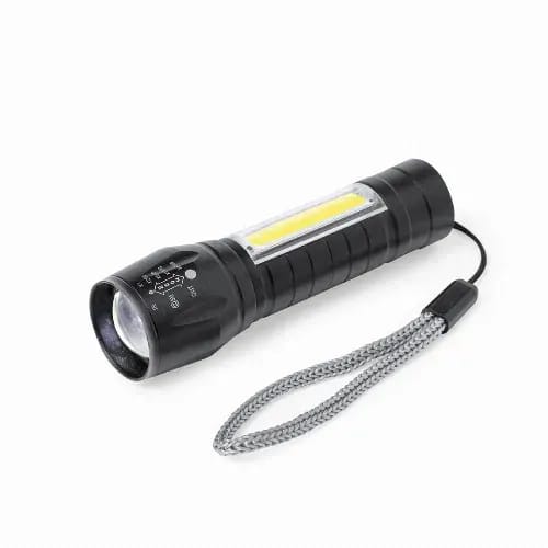 A black flashlight with a rubber grip and a strap, featuring a bright LED light and additional side illumination. Borah - Image 1