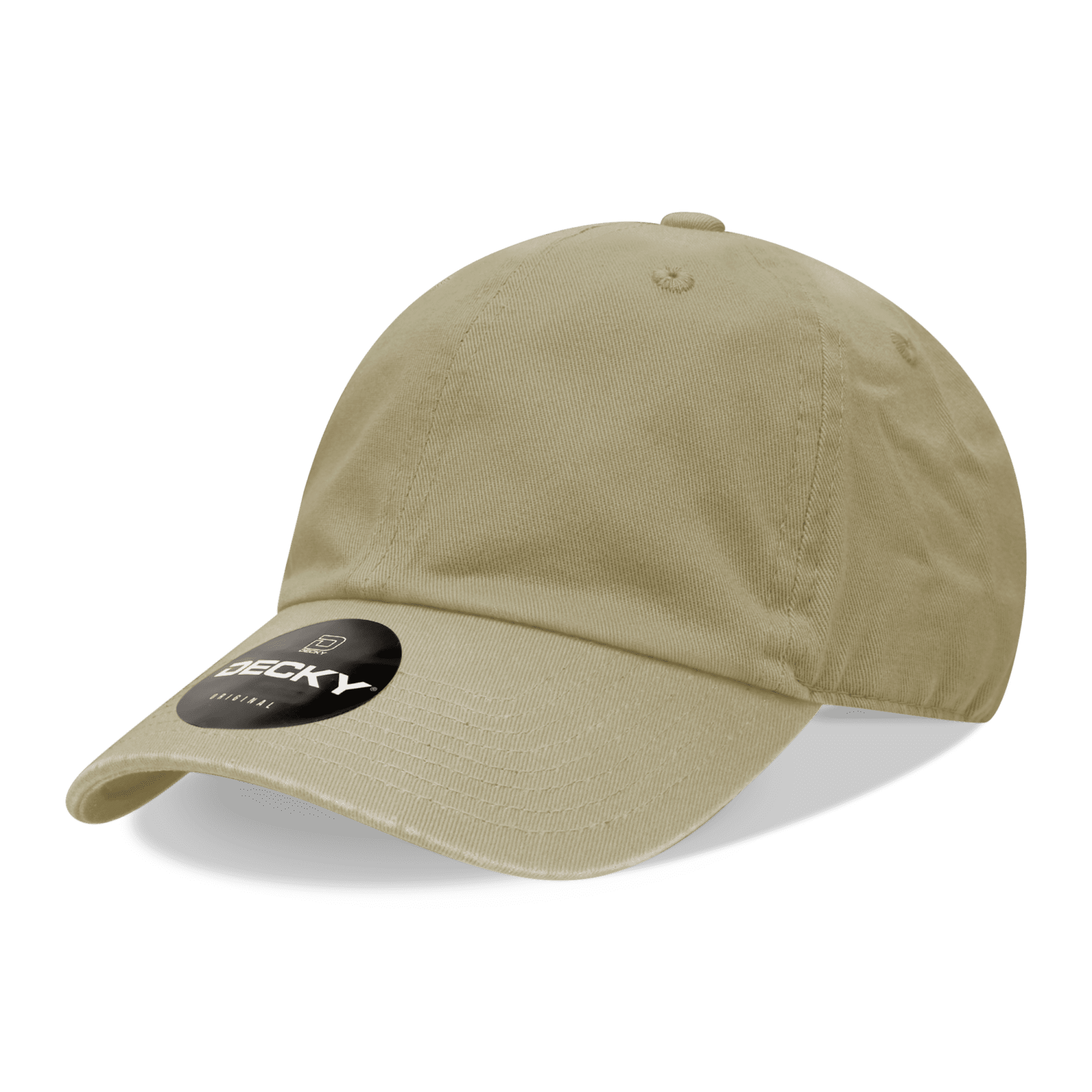 A khaki 6-panel low profile relaxed dad hat with a circular logo on the front. 6 Panel Low Profile Relaxed Dad Hat - Image 1
