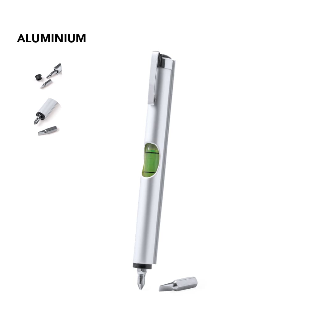 A silver aluminium multitool with a level, featuring interchangeable tips and a pen design. Loulan Multitool - Image 1