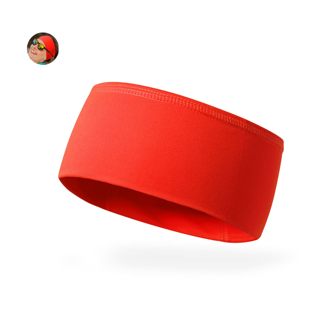 A red headband featuring a logo, designed for headwear. Arilyn Headband - Image 1
