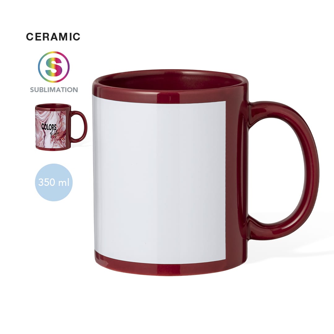 A ceramic coffee mug in red, featuring a blank white surface for custom designs and a logo. Holds 350 ml. Orchix Sublimation Mug - Image 1