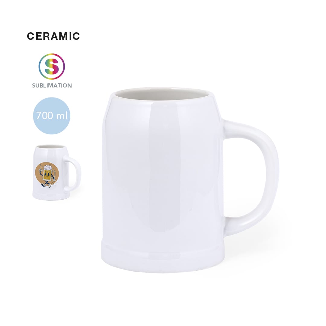 A white ceramic beer mug with a large handle, featuring a sublimation design area. Holds 700 ml. Heim Sublimation Jug - Image 1