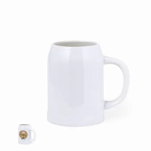 A white ceramic mug with a rounded body and a handle, featuring a logo design on one side. Heim - Image 1