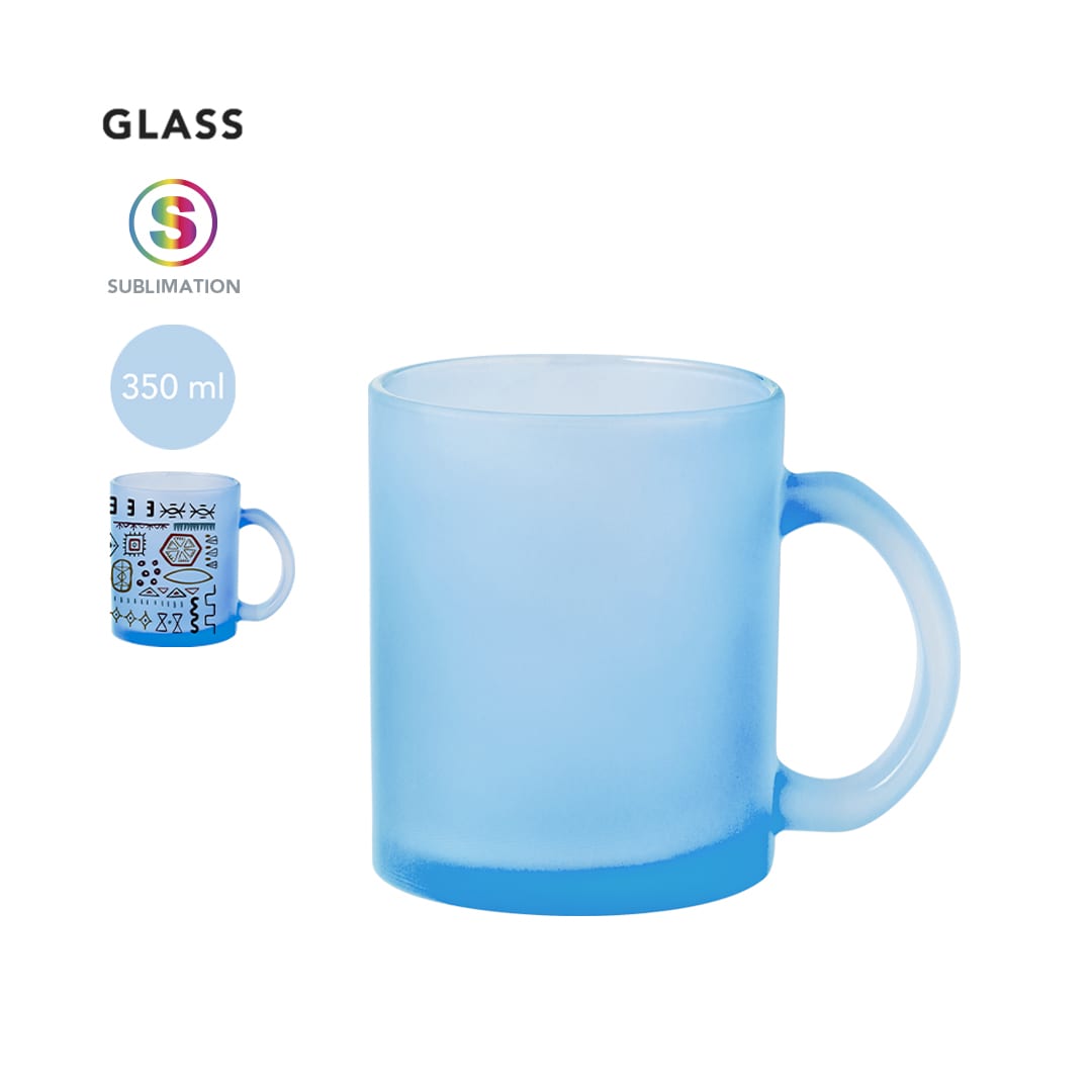 A frosted blue sublimation mug with a transparent handle, holding 350 ml. It features a decorative design and a logo. Cervan Sublimation Mug - Image 1