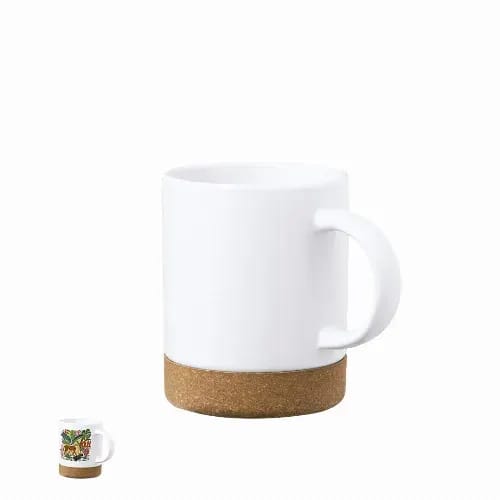 A drink bottle featuring a white mug with a cork base and a graphic design on the lower portion. Nala - Image 1