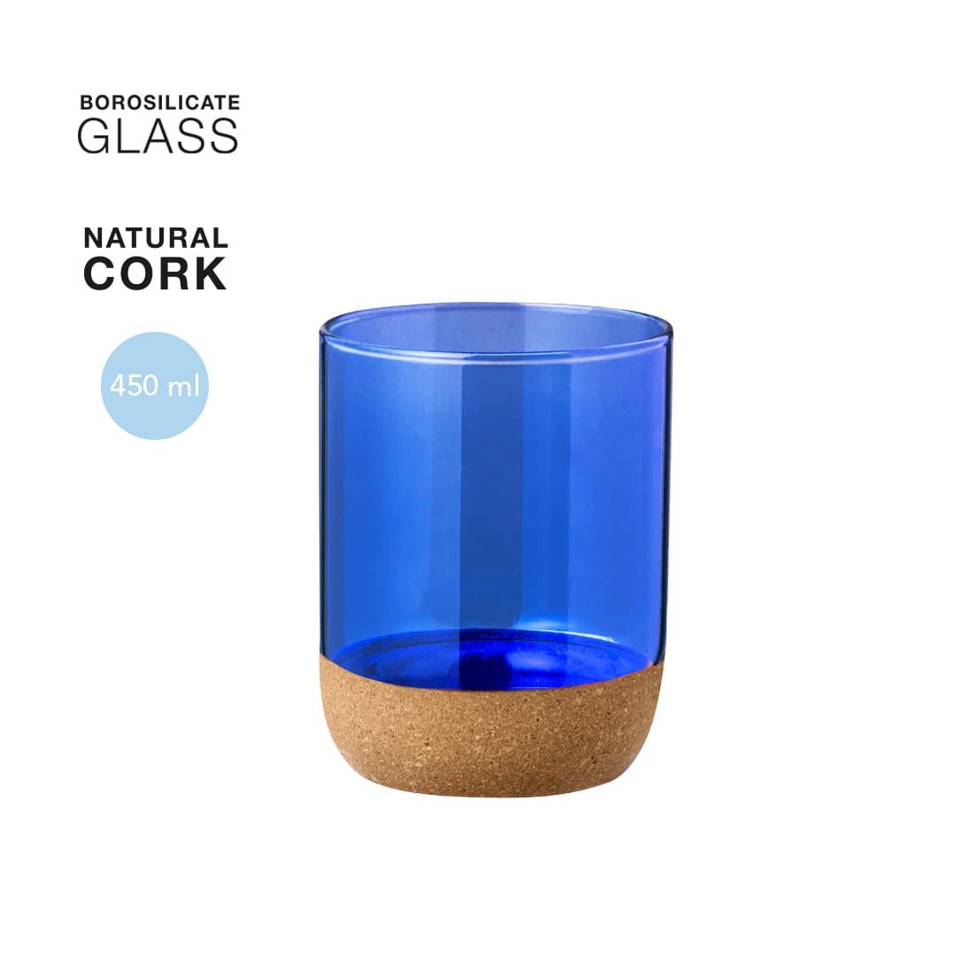 A drink container made of blue borosilicate glass with a natural cork base, holding 450 ml. It features a logo. Bixlo Cup - Image 1