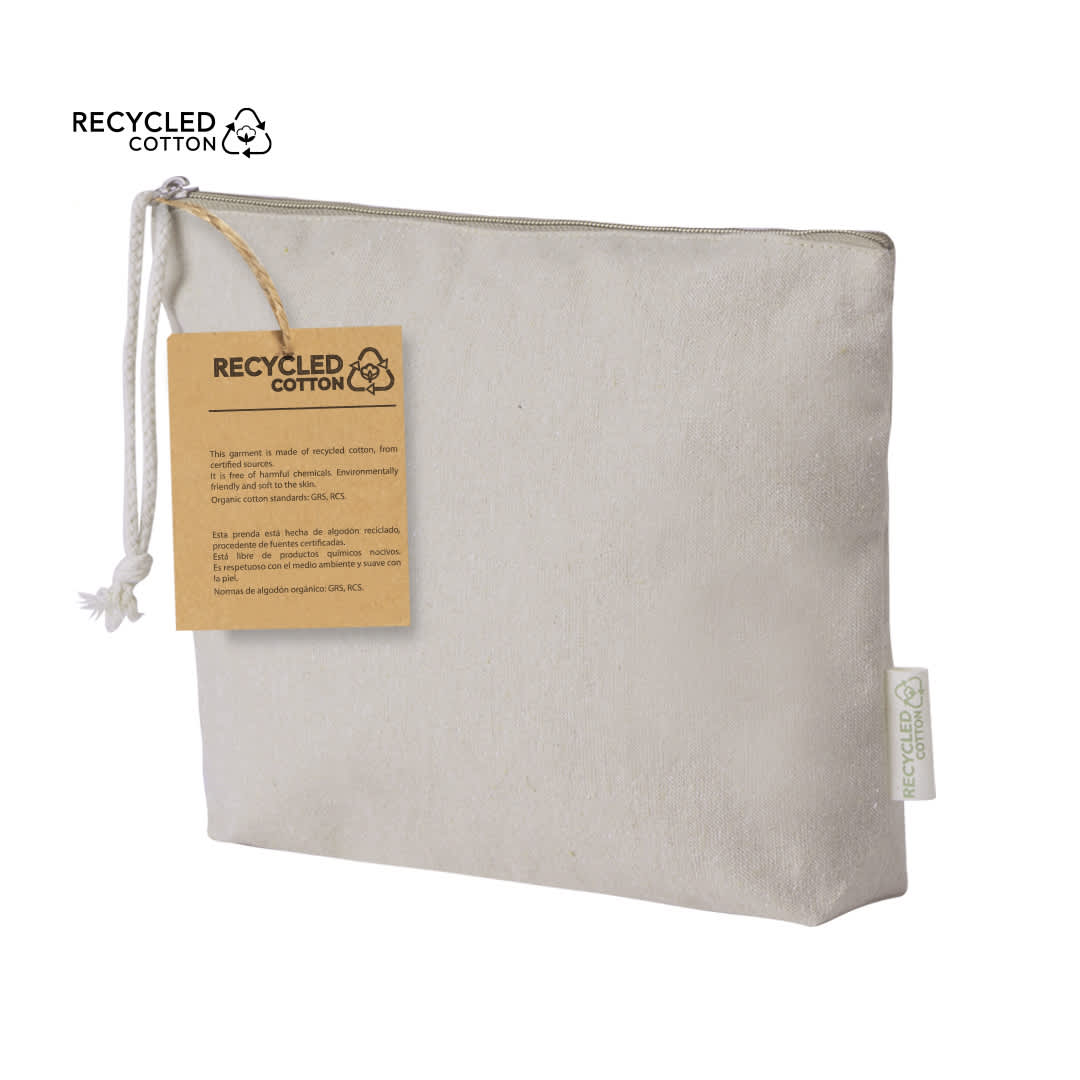 A light-coloured toiletry bag made from recycled cotton with a drawstring closure and a tag. Theris Beauty Bag - Image 1