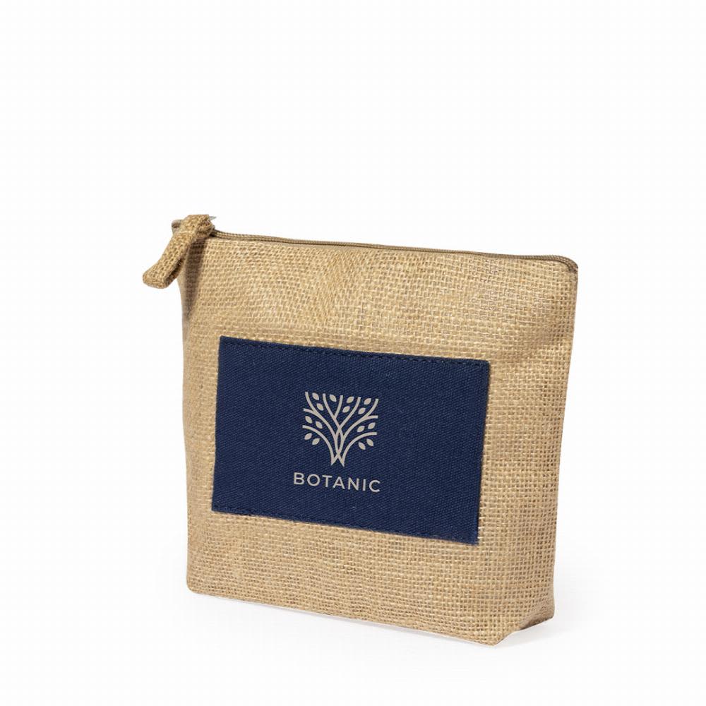 A small jute pouch in natural and navy blue, featuring a branding logo on the front. Kasmie - Image 1