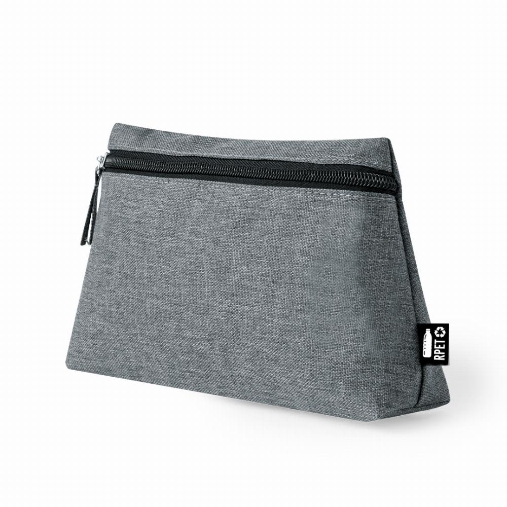 A grey cosmetic bag with a zip fastening, featuring a triangular shape and a branding label on the side. Osoben - Image 1