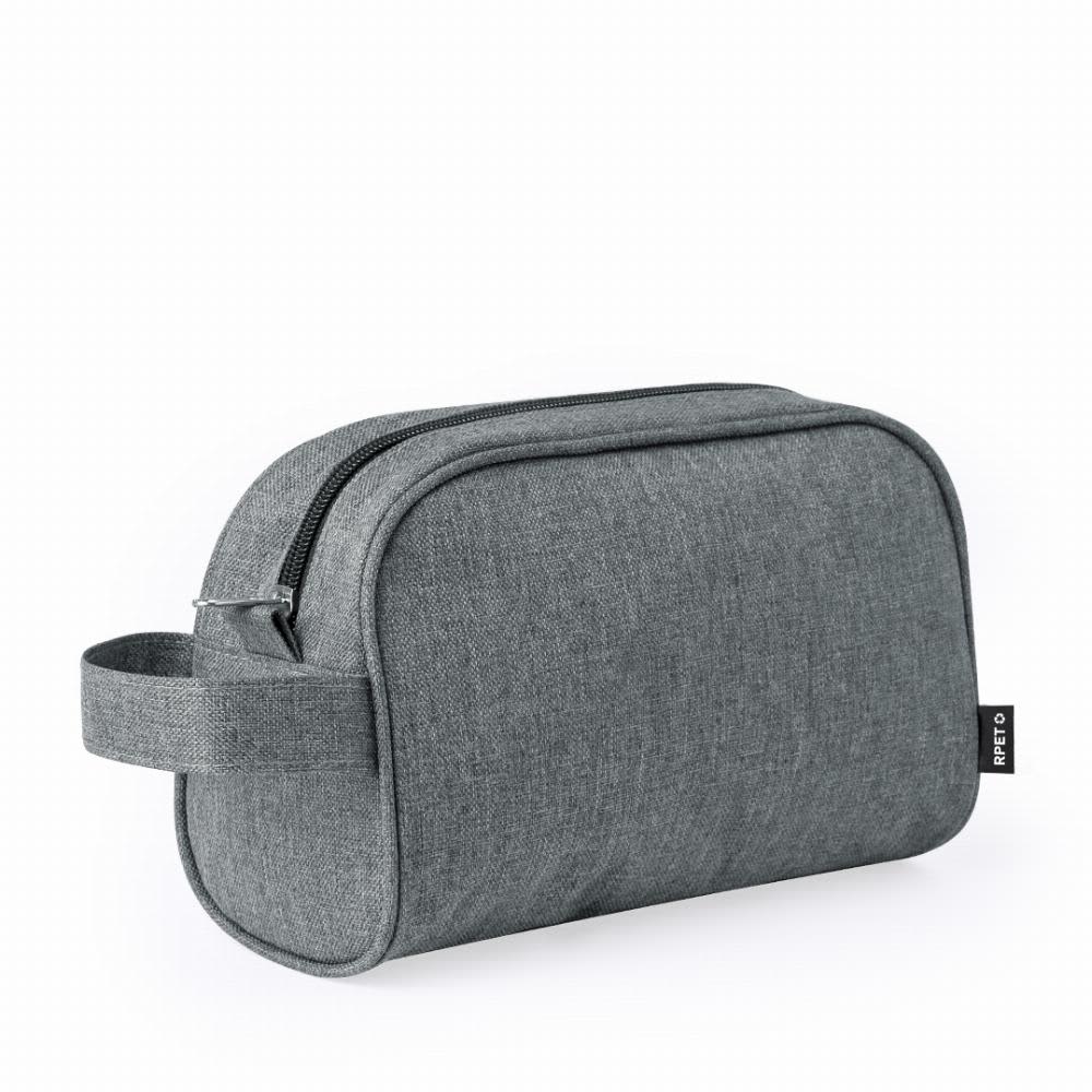 A grey toiletry bag with a zipper and a handle, featuring a simple, modern design. It has a logo on one side. Harese - Image 1