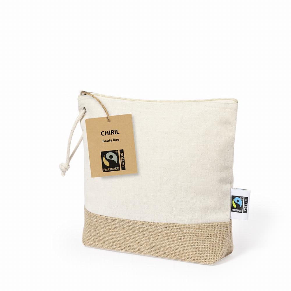 A cotton beauty bag in cream and natural jute with a drawstring closure, featuring a logo and a tag. Chiril Fairtrade - Image 1