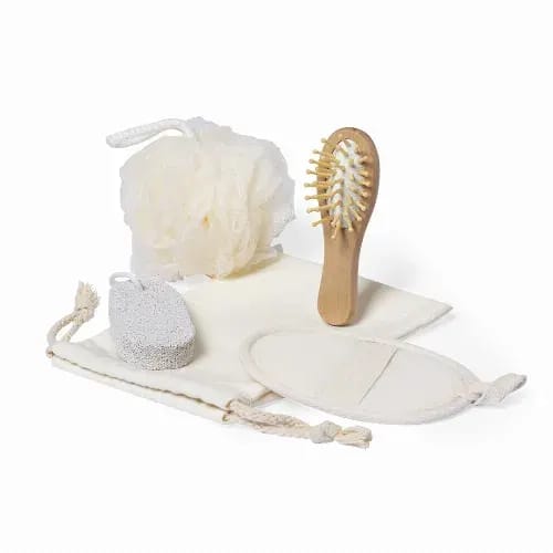A bath set featuring a loofah, wooden brush, exfoliating sponge, and two cotton pouches in neutral tones. Seido - Image 1