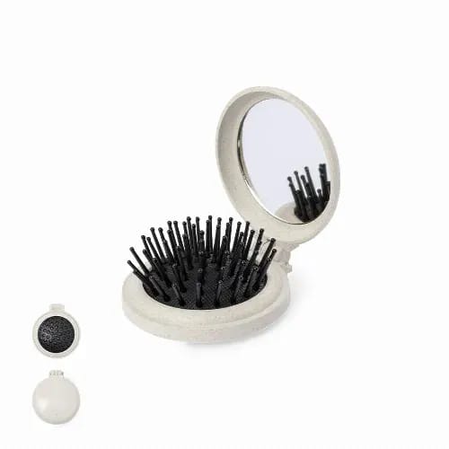 A compact hairbrush mirror featuring black bristles and a light grey, circular case. Flege - Image 1