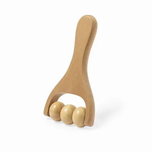 A wooden massager with a curved handle and three rolling balls at the end. The design features a light natural wood finish. Echem - Image 1