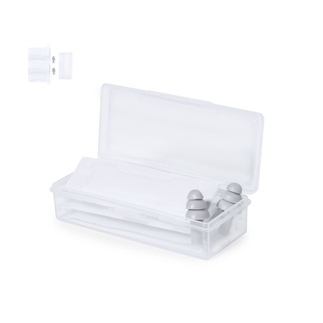 A transparent storage box containing earplugs and a small plastic case, featuring a lid and an optional wall mount. Vitok Set - Image 1