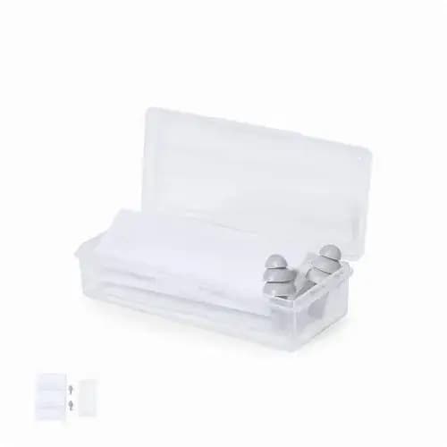 A clear storage box containing white sheets and grey earplugs, partially open to reveal its contents. Vitok - Image 1