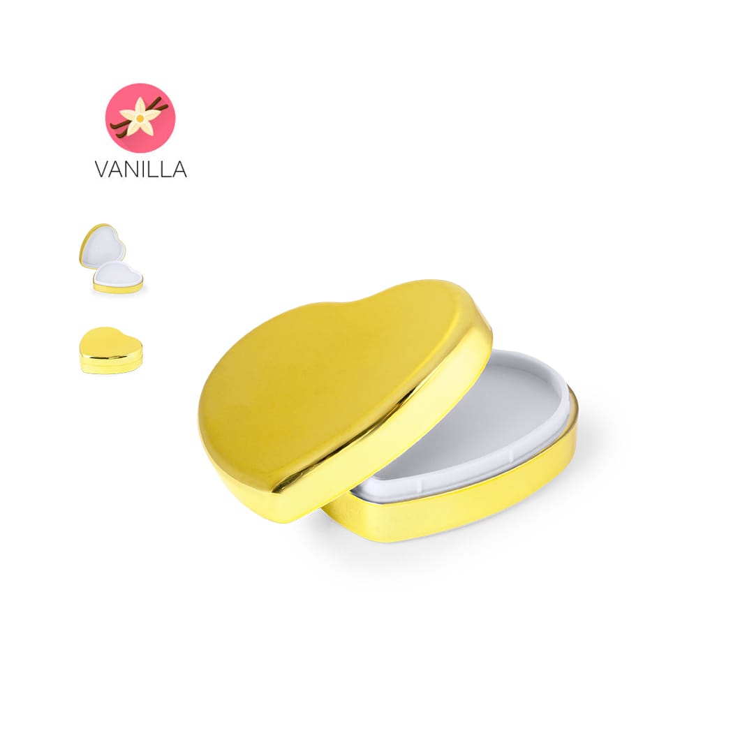 A heart-shaped yellow lip balm container with a white interior. The container is open, revealing the inside. Mushu Lip Balm - Image 1