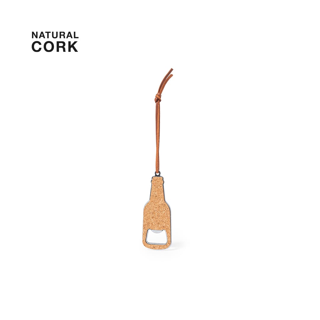 A drink bottle opener made of natural cork, featuring a looped leather strap and a bottle-shaped design. Morley Opener - Image 1